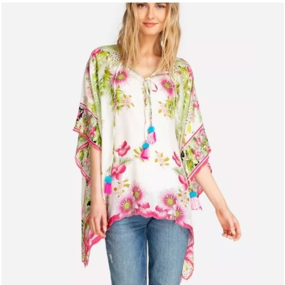 JOHNNY WAS white pink green floral print GALORE TASSEL TIE SILK PONCHO top - Picture 11 of 13